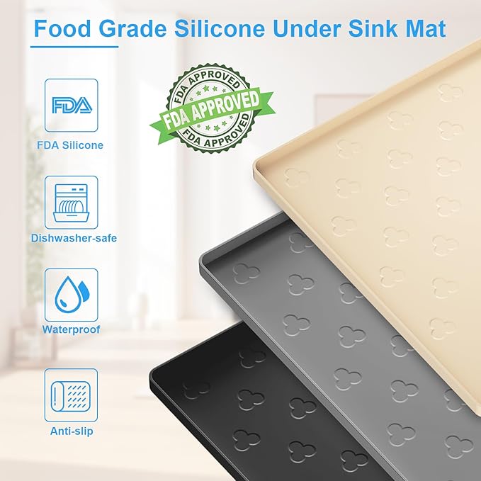 Under Sink Mat- 34" x 22" Waterproof Kitchen Cabinet Mat - Flexible Silicone Under Sink Liner - Kitchen Bathroom Cabinet Mat and Protector for Drips Leaks Spills (Beige)