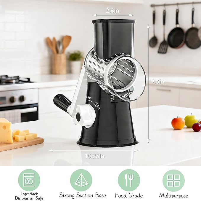 Ourokhome Rotary Cheese Grater Hand Crank, Kitchen Shredder Speed Mandolin Slicer Nuts Grinder with Handle and Drum Blades for Cheese, Vegetable, Walnut, Chocolate, Potato, Carrot, 3 Blades, Black