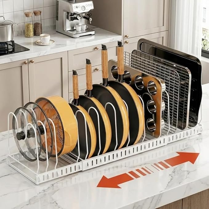 Pot and Pan Organizer Rack for Cabinet, 3 Expandable Pot Lid Organizer Holder with 12 Adjustable Compartment for Kitchen Cutting Board, Pan Lid, Bakeware, White