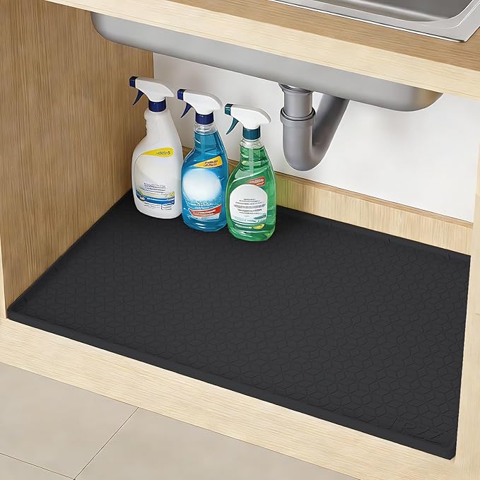 TRZZ Silicone Waterproof Under Sink Mat 31" x 22", Drip Tray and Cabinet Liner for Kitchen and Bathroom, Prevents Water Damage and Organizes Cabinets (Black)