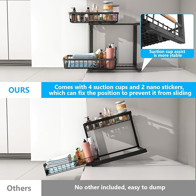 Merrylun Under Sink Organizers, 5 Adjustable Height,Metal Pull Out Under Sink Organizers and Storage Shelves with Sliding Drawer, Black 1pack（Hight 13.6″-16.9″）