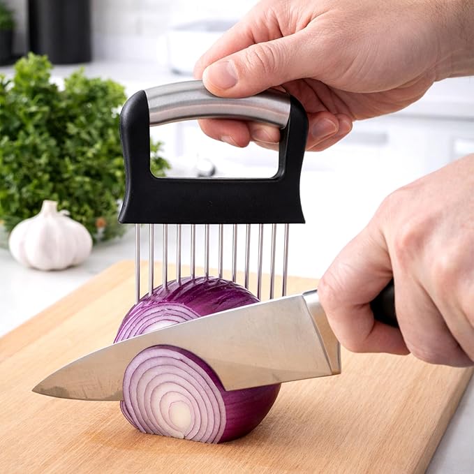 Extra-Large Onion Holder for Slicing, Stainless Steel Tomato and Potato Slicer with Long Needles Versatile Kitchen Food Slicing Guide Meat Tenderizer Tool for Meat Onion Tomato Potato