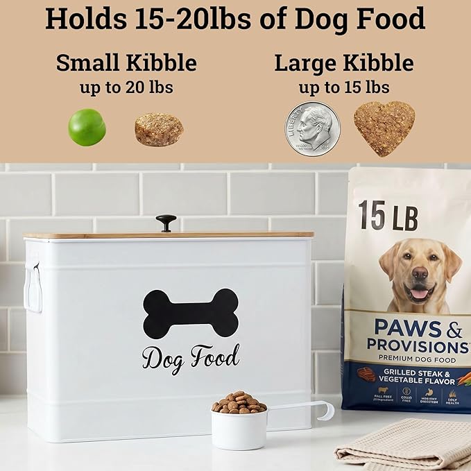 Dog Food Container Airtight 15-20 lb (70 Cup) Capacity with Metal Scoop - Cute Airtight Dog Food Storage Container with Bamboo Lid - White Metal Kibble Storage Bin for Dogs up to 100 lbs - Big Pet Jar