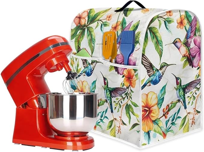 Hummingbird Flower Stand Mixer Cover with Pocket and Handle Small Appliance Dust Covers Machine Washable Kitchen Mixer Accessories Suitable for 6-8 Quart Coffee Makers