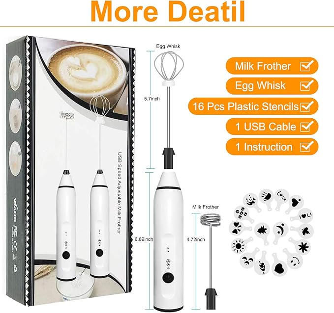 Milk Frother Handheld, Gbivbe Rechargeable Whisk Drink Mixer for Coffee with Art Stencils, Mini Foamer for Cappuccino, Hot Chocolate Match, Frappe, Hot Chocolate, Egg Whisk