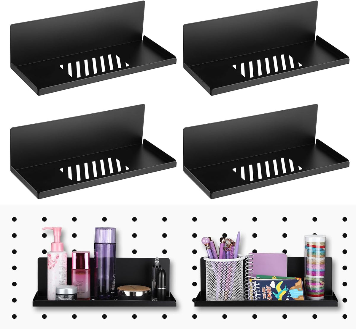 4 Pack Magnetic Pegboard Shelves, 12 x 4.8 x 3.6 Inches, Black