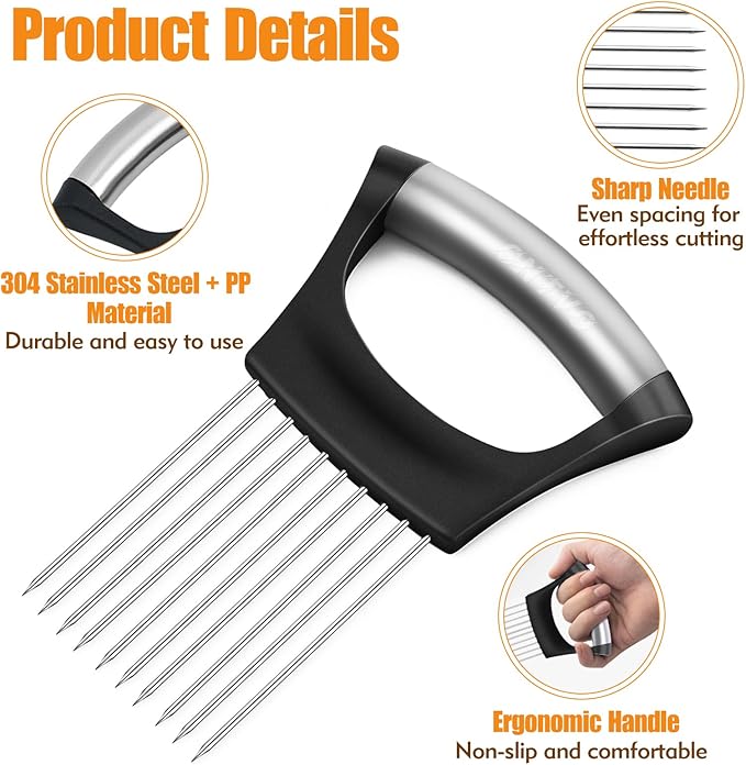 Onion Holder for Slicing, Stainless Steel Onion Slicer, Onions Slicer Holder with Protective Cover, Multi-Use Vegetable Chopper for Onions Tomatoes Avocados Potato Eggs Kiwifruit Meat Lemon