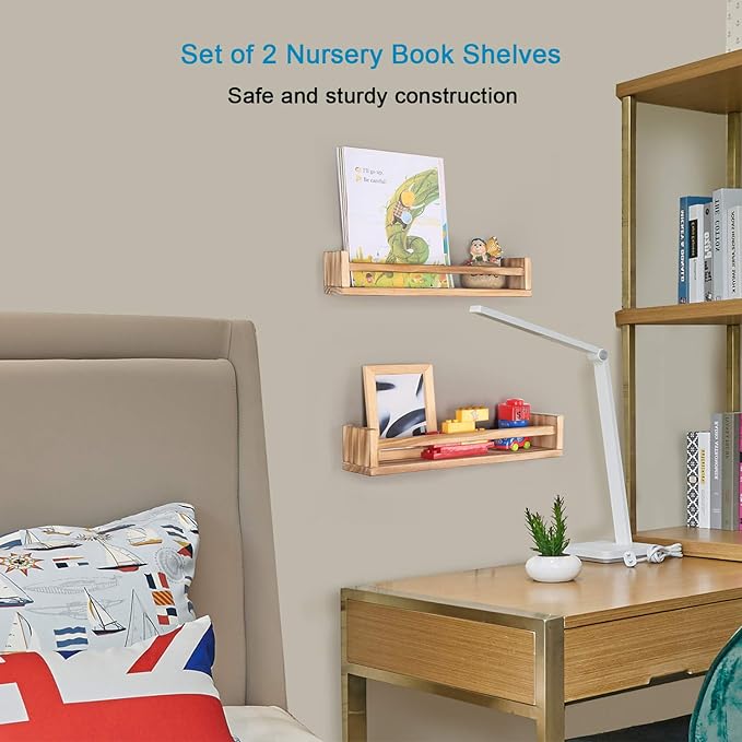 JORIKCHUO Nursery Book Shelves, Set of 2 Wood Floating Book Shelves for Kids Room, Kitchen Spice Rack, or Rustic Wall Mounted Shelves for Farmhouse Bathroom Décor (carbonized)