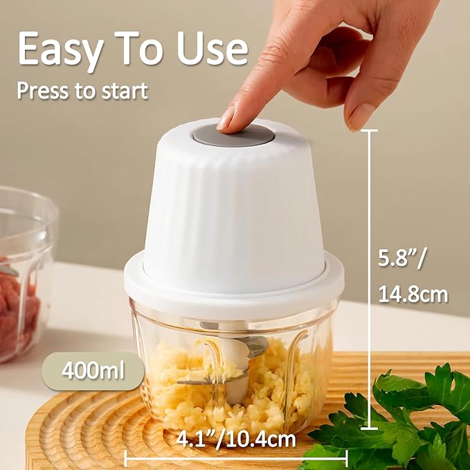 Mini Food Chopper Cordless, 400ml Small Food Processor 1.6Cup, Battery USB-C Rechargeable Electric Garlic Chopper Wireless, Portable Meat Grinder Mincer Veggie Blender Kitchen Mixer w/ 6 Blades, White