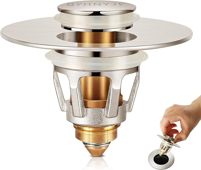 QYHNYJF Bathroom Sink Stoppers Brushed Nickel – Pop Up Drain Stopper & Strainer, 2-in-1 Universal Sink Stopper for 1.1" to 1.5" Bathroom Sink Drain Pipes, Brushed Nickel Finish