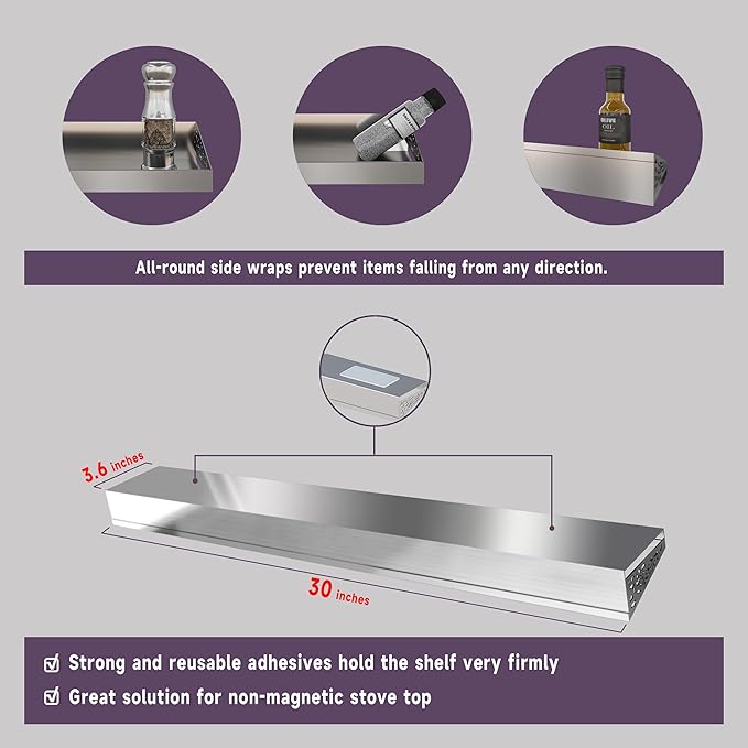 STUTOV Stove Shelf for Stove Top, Spice Rack Organizer, Easy Installation, Kitchen Storage Solution, with Standard 30" Length, Brushed Stainless Steel, Non Magnate (Stainless Steel)