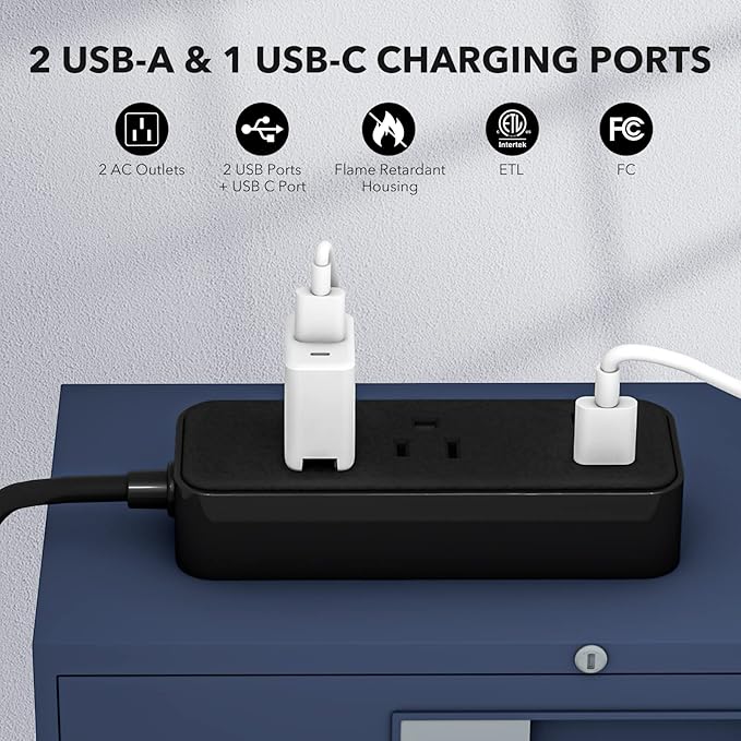 Clear Power 2-Outlet Power Strip with 3 USB Ports(1 USB-C), Flat Plug, 6 ft Power Cord, Compact USB Charging Hub, Desktop Charging Station with USB C, Black, DC3S-1202-DC