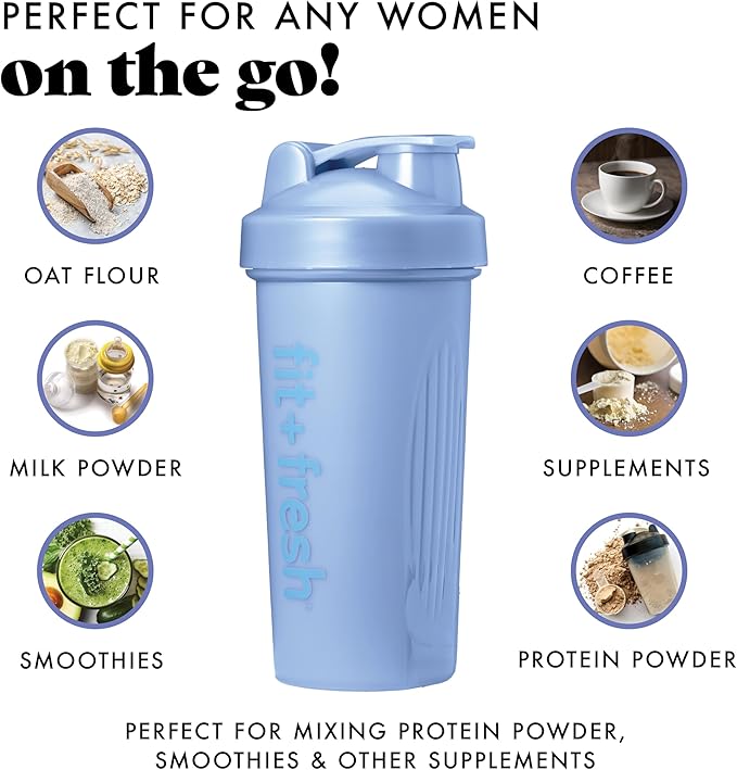 Fit & Fresh Shaker Bottle, Leak Proof Sports Blender Bottle Easy to Clean, Durable Protein Shaker Cup 24 oz.with Unique Agitator for Smooth Mixing, Cornflower Blue