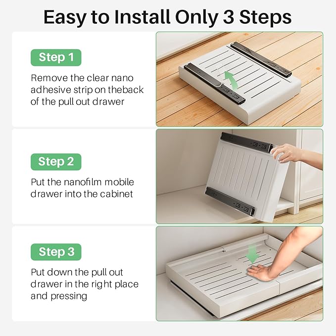Pull out Cabinet Organizer, 4-pack, Expandable(12"-20") Heavy Duty Slide out Drawers Fixed with Adhesive Nano Film for Pots, Roll out Shelf Storage for Kitchen Base Cabinet Organization(3 Rails)