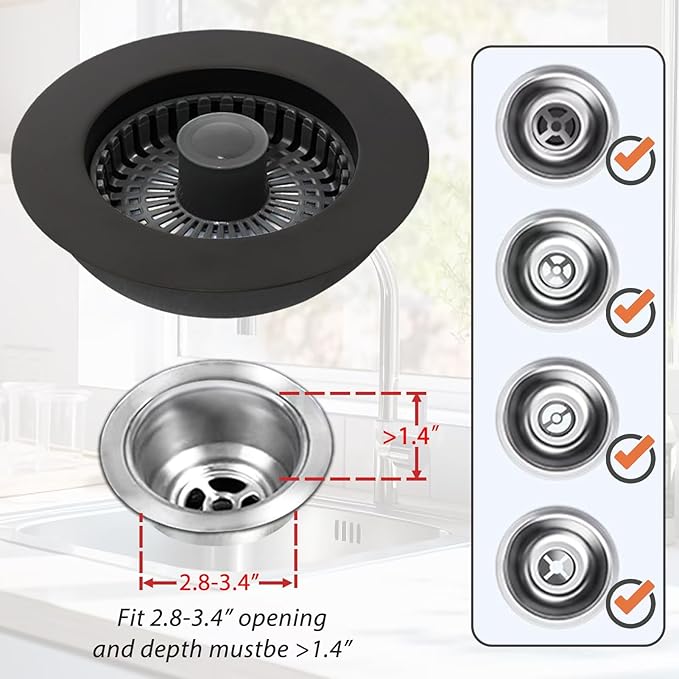 Anlige Kitchen Sink Drain Strainer, 3 in 1 Pop Up Kitchen Sink Stopper, with An Extra Basket Strainer, Universal for US Standard 3-1/2 Inch, Black