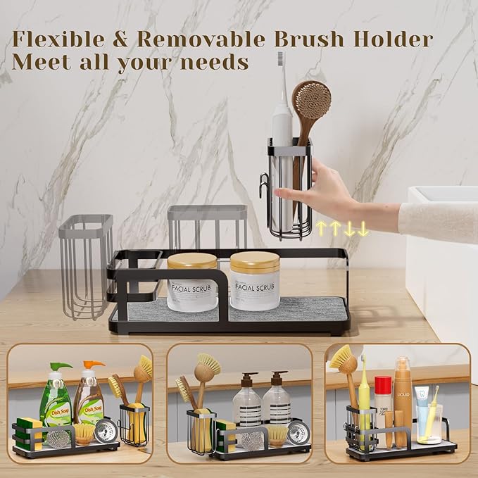 Kitchen Sink Caddy Organizer for Instant Dry, Rustproof Sponge Holder & Dish Soap Tray with Diatomaceous Earth, Countertop Brush Storage,10.2" X 4.7" X 4.1",Black