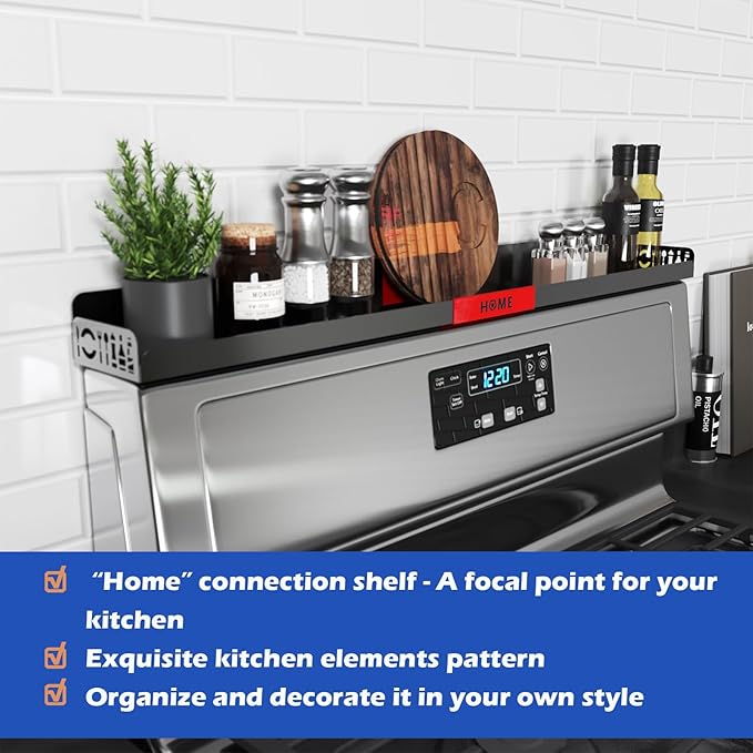 STUTOV 30" Magnetic Stove Top Shelf – Black Spice Rack with Red HOME Design – Seasoning Organizer for Back of Stove – Over Stove and Kitchen Storage Shelf