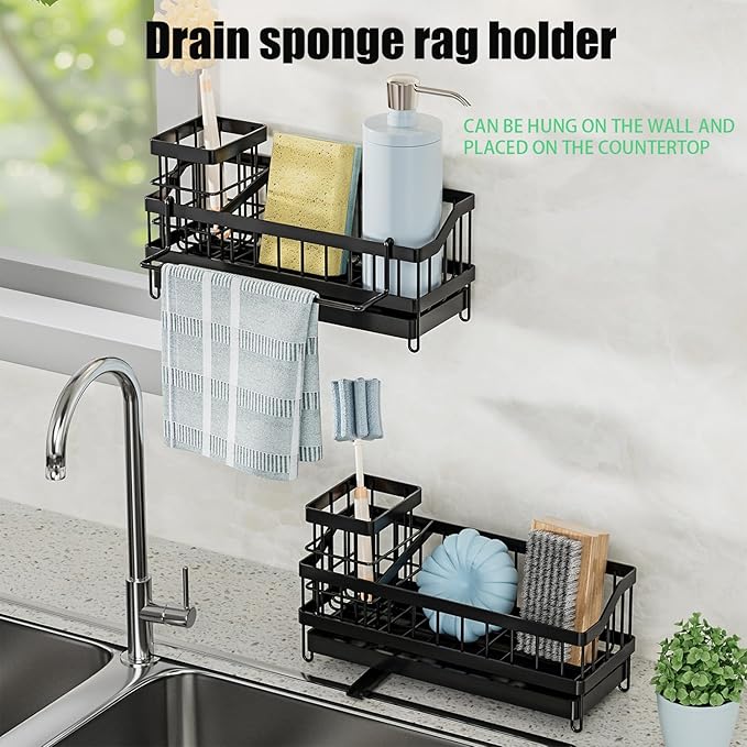 Sponge Holder for Kitchen Sink, Sink Caddy with Brush Holder, Soap Dispenser for Kitchen Organizers, Rustproof and Non-Slip, Suspension or Floor-Standing, Matte Black