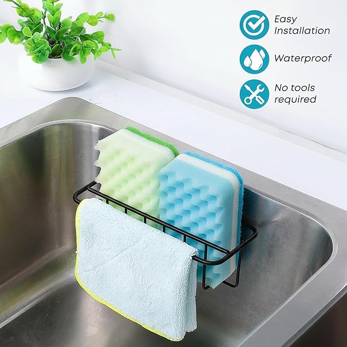 KESOL Adhesive Kitchen Sink Sponge Holder + Dish Cloth Hanger + Soap Holder, 2-in-1 Kitchen Sink Caddy, 304 Stainless Steel Rust Proof, Water Proof, No Drilling (Black)