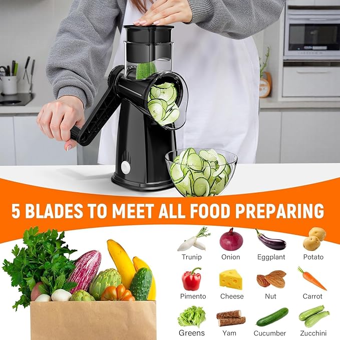 5 Blades Rotary Cheese Grater Hand Crank Vegetable Chopper Shredder Spiralizer Slicer Mandoline for Vegetable & Cheese & Fruit, Food Chopper for Kitchen with Blades Storage Box & Suction Base (Black)