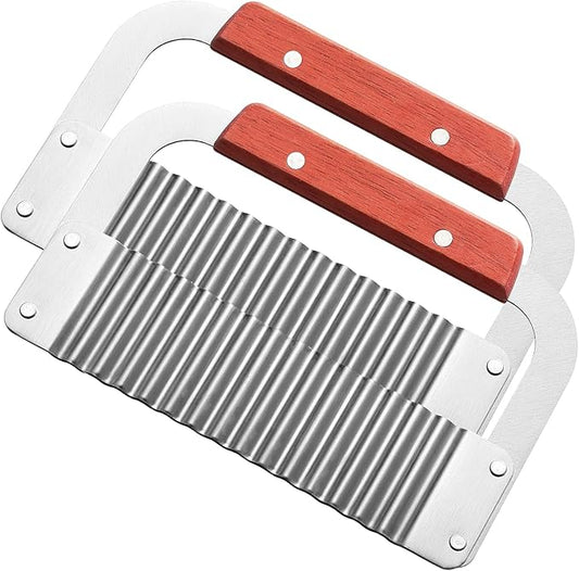 Crinkle Cutter Stainless Steel Potato Slicer Heavy Duty Wavy Crinkle Cutting Chopping French Fry Slicer 2 Pack Tools with Wooden Handle for Carrot Vegetable (Wood, 2)
