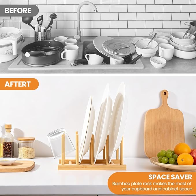 2 Pack Bamboo Wooden Dish Rack-Plate Pot Lid Cutting Board Organizer Holder Rack for Cabinet-Kitchen Cabinet Organizer for Dish, Pots, Lids, Bowls, Bottles, Books, and Puzzle