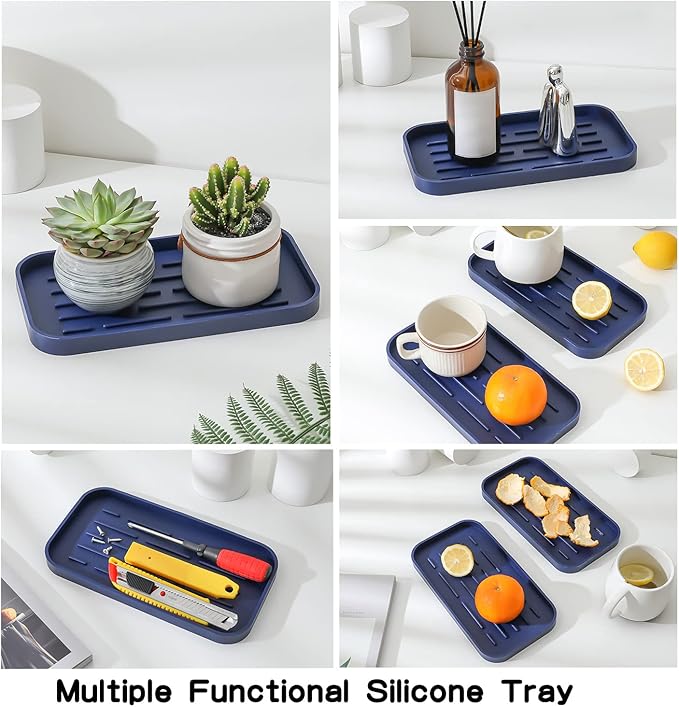 MicoYang Silicone Kitchen Sink Organizer Tray for Multiple Usage,Eco-Friendly Sponges Holder for Kitchen Bathroom Counter or Sink,Dish Soap Dispenser,Scrubber,Bottle,Cup (Navy Blue, 10"×5.3")