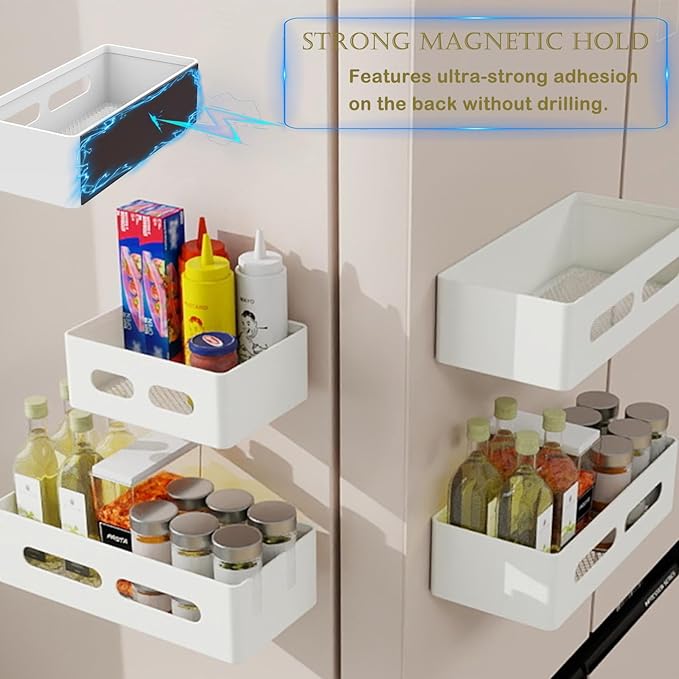 Magnetic Spice Storage Refrigerator Rack Seasoning Organizer Wall-Mounted Shelf with Hook for Kitchen Bathroom Organization (4, White)