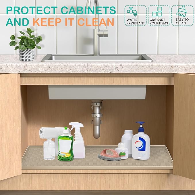 Waterproof Under Sink Mat 28" x 22", Silicone Cabinet Liner, Rubber Protector for Kitchen and Bathroom, Keeps Cabinets Clean, Dry, and Organized (Light Grey)
