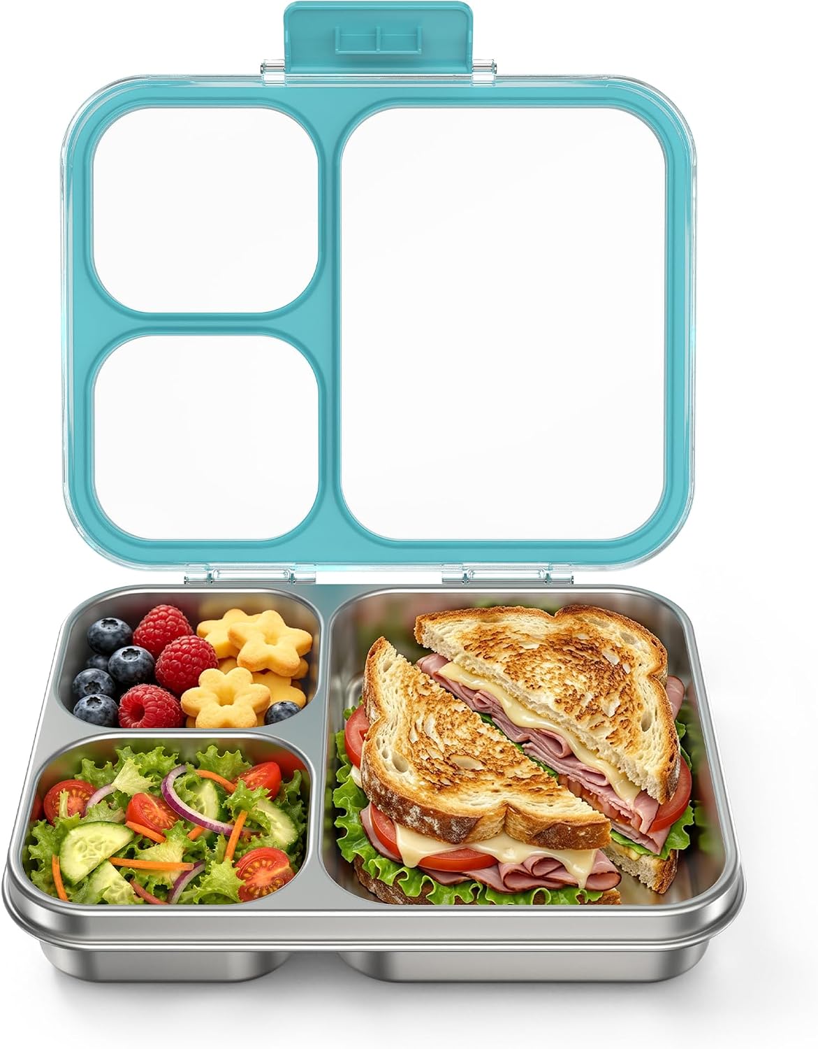 Stainless Steel Bento Lunch Box 3-Compartment, 4.2Cups, Blue