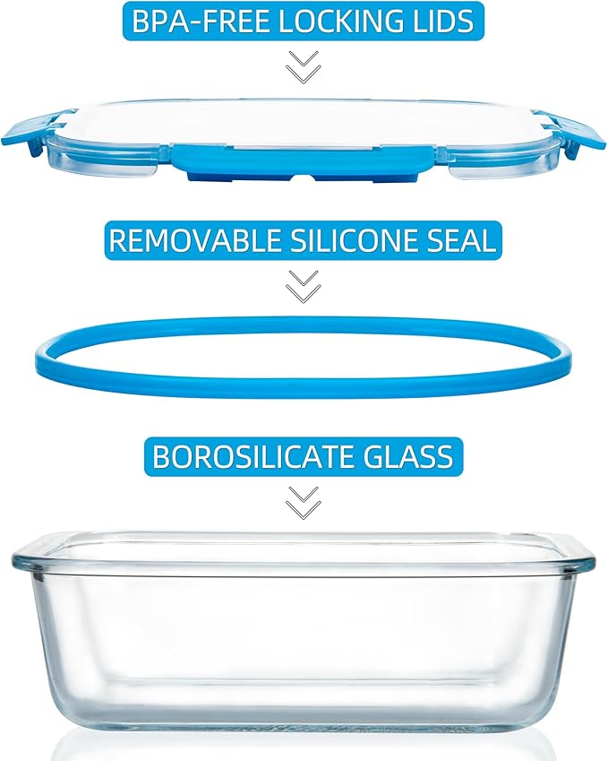 FAWLES 12 Pack Glass Meal Prep Containers with Airtight Lids, Leak-Proof Food Storage Containers, Dishwasher/Microwave/Oven/Freezer Safe Glass Containers for Lunch, Leftovers, to Go (Blue)