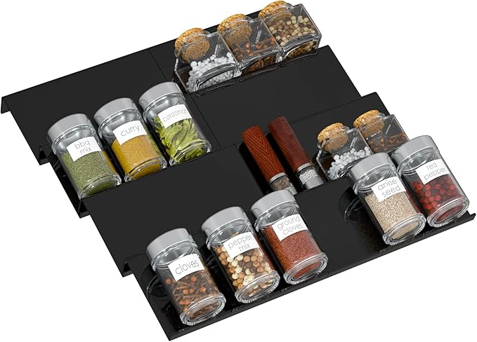 Sezanrpt Adjustable Acrylic Spice Drawer Organizer Rack, Spice Drawer Organizer Shelf Expandable From 8 Inch to 16 Inch, Acrylic Drawer Organizer for Seasoning Jars