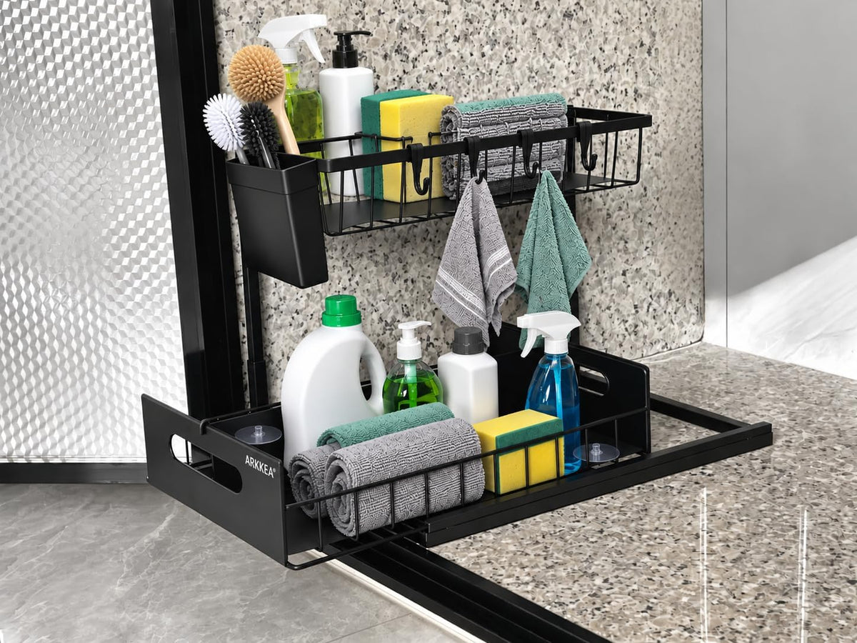 2-Tier Under Sink Organizer, Pull-Out Sliding Drawer, Heavy Duty Metal Storage Rack with Hooks, Hanging Basket & Adjustable Divider for Kitchen and Bathroom