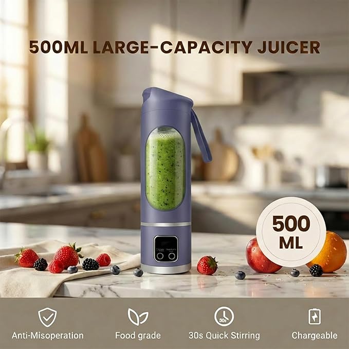Portable Personal Electric Blender，500ML Portable Shakes and Smoothies Blender，12 Blades USB Rechargeable Small Blenders、Mixing、Compact、Convenient and Versatile (Purple)