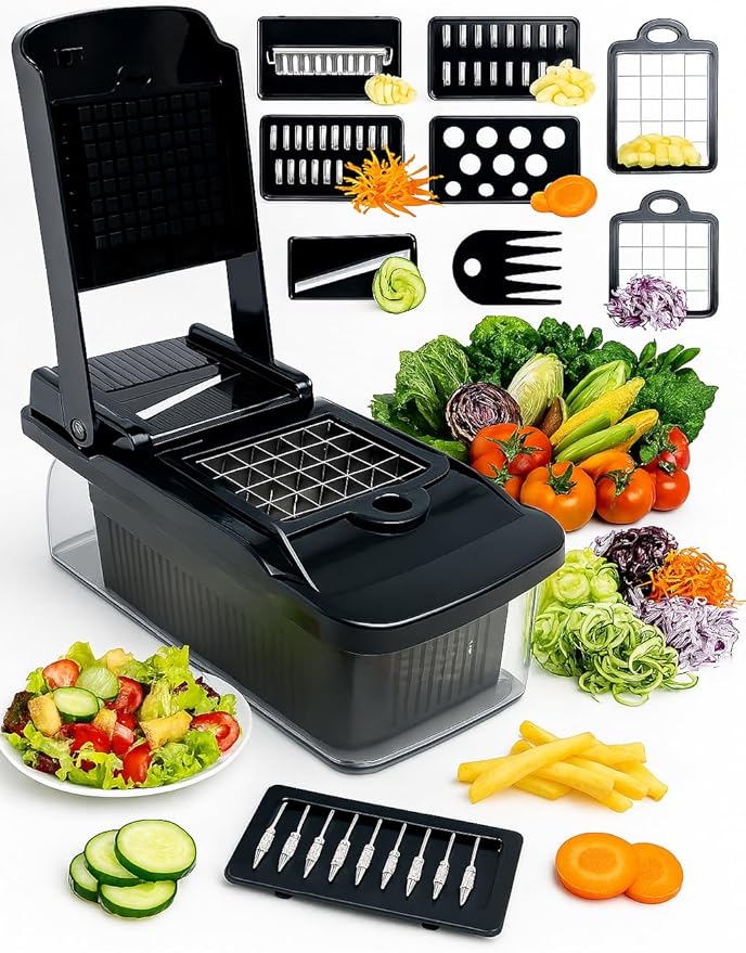 Vegetable Chopper 14 in 1 with Stainless Steel Blades – Multifunctional Onion Chopper, Mandoline Slicer, Food Dicer, Kitchen Cutter Set and must have Kitchen appliances and tools