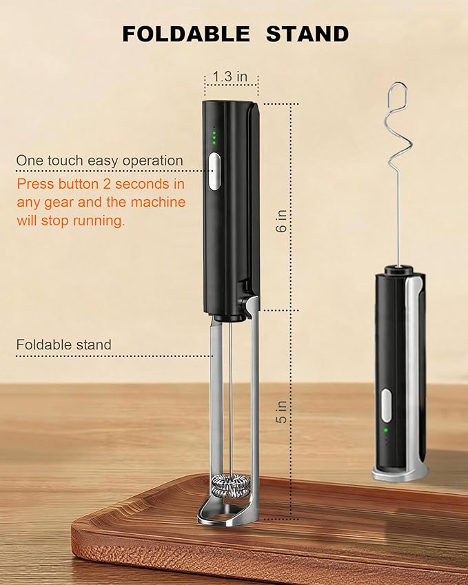 3-Speed Rechargeable Milk Frother Handheld with Stand & 3 Whisks, Dual Coil Whisk Coffee Frother Handheld - Electric Frother Wand for Coffee Matcha Cappuccino, Kitchen Gift Set, Black