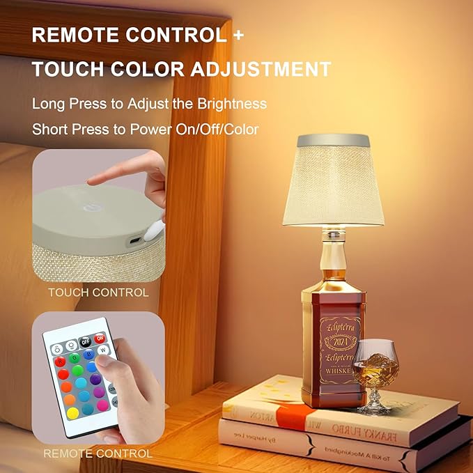 Wireless Bottle Lamp,Small Bedside Table Lamp,RGB LED Bottle Light with Remote Dimmable(RGB Gold, 1pc)