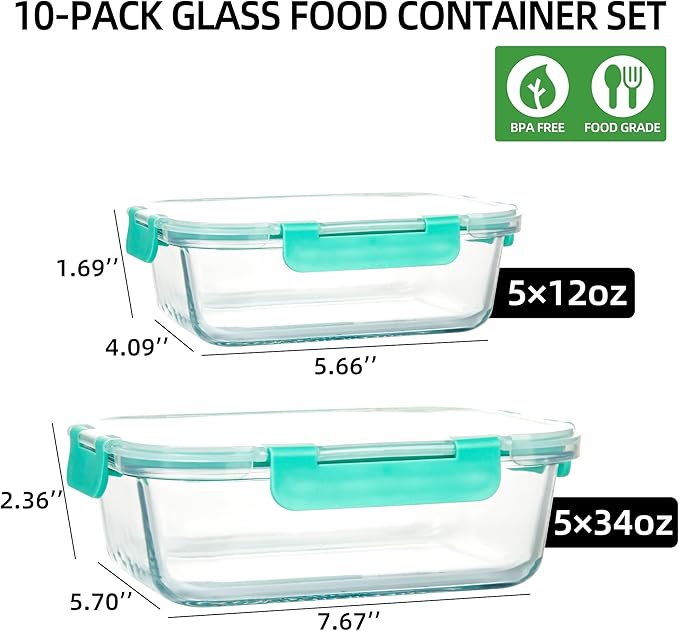 UMEIED 10 PACK Glass Food Storage Containers with Leak Proof Lids, Glass Airtight Meal Prep Containers Set for Lunch, On the Go, Leftover, Kitchen Pantry Organizers and Storage (Mint Green)