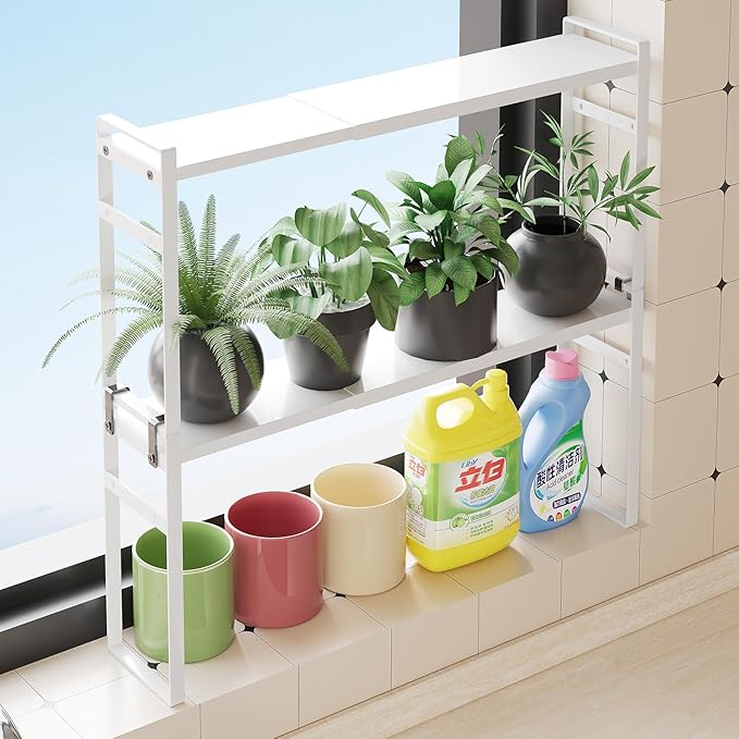 2 Tier Expandable Stackable Narrow Shelf Organizer, Tall Countertop Organizer for Tight Spaces, Windowsill Plant Stand, Over-Sink/Faucet Shelf, Kitchen Storage, Bathroom Vanity, Laundry Room (White)