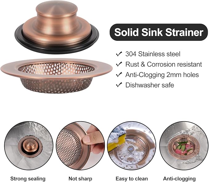 RQYEKDO Kitchen Sink Strainers Sink Stopper Kits, Stainless Steel Sink Drain Strainer Set, Large Wide Rim 4.4" Diameter Food Catcher Garbage Disposal Plug for Most Sink Drains Basket Filter (Copper)