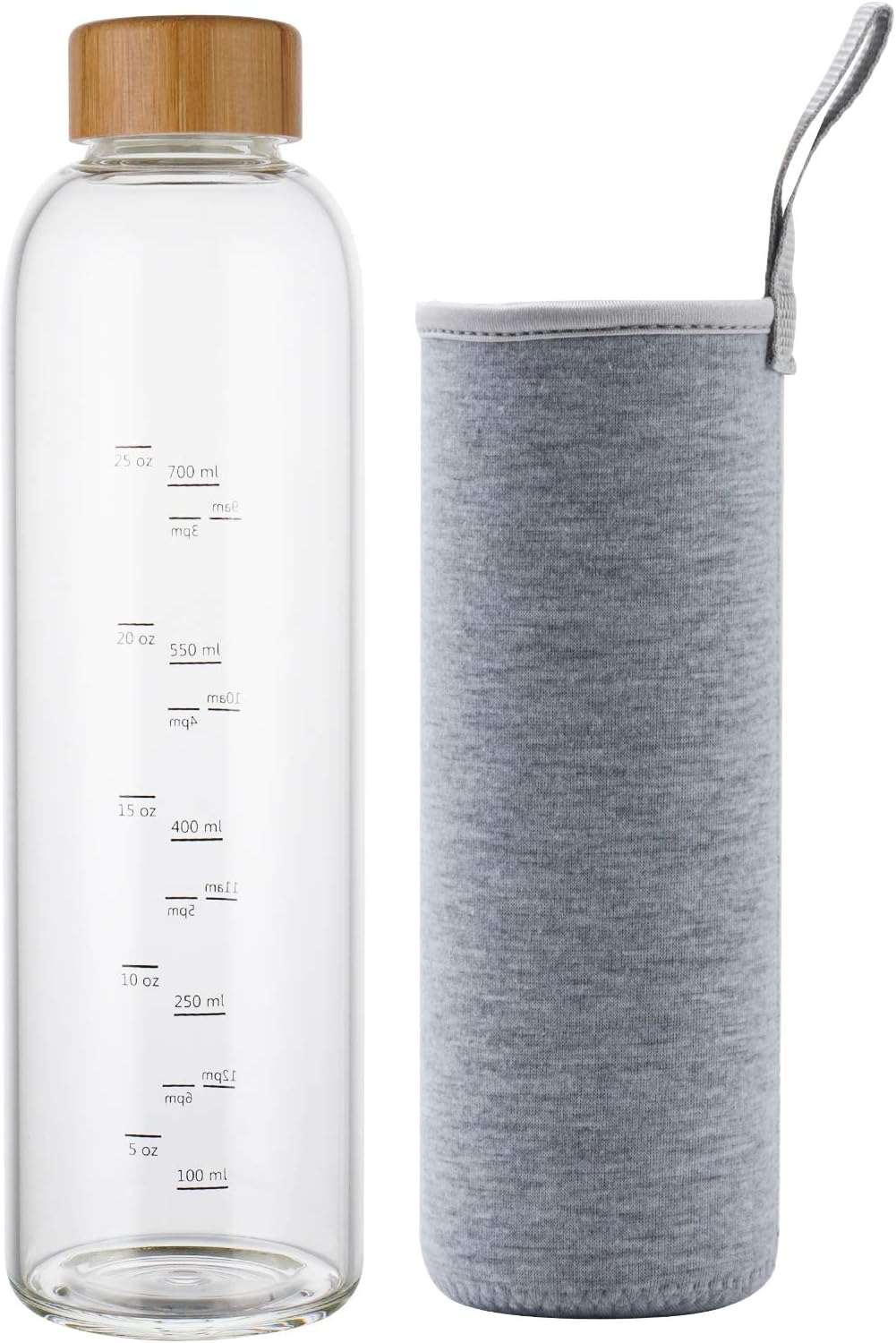 32 oz Glass Water Bottle with Time Marker Bamboo Lid Neoprene Sleeve for to Go Travel Gym Home Reusable Eco Friendly Bpa Free (Gray)