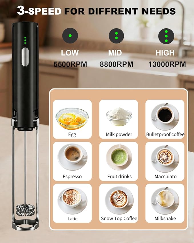 3-Speed Rechargeable Milk Frother Handheld with Stand & 3 Whisks, Dual Coil Whisk Coffee Frother Handheld - Electric Frother Wand for Coffee Matcha Cappuccino, Kitchen Gift Set, Black
