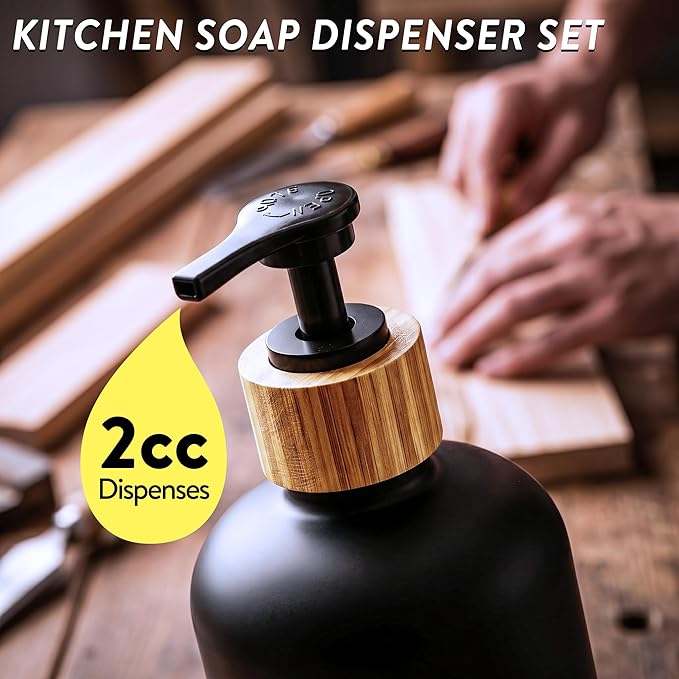 Cisily Kitchen Soap Dispenser Set with Sink Caddy, Glass Bottle, Hand and Dish Soap Dispenser Set with Sponge Holder (Black & White Round Bottles + Black Sponge Holder)