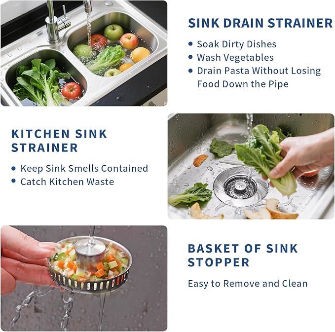 3-in-1 Kitchen Sink Drain Strainer & Sink Stopper - 304 Stainless Steel Pop Up Sink Drain Strainer, Anti-Clogging Kitchen Sink Stopper with Fast Drain Design, Fits Standard 3-1/2'' Sink Drains