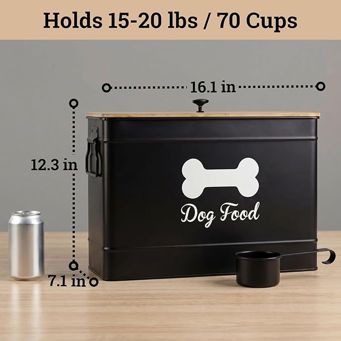 Dog Food Container Airtight 15-20 lb (70 Cup) Capacity with Metal Scoop - Cute Airtight Dog Food Storage Container with Bamboo Lid - Black Metal Kibble Storage Bin for Dogs up to 100 lbs - Big Pet Jar