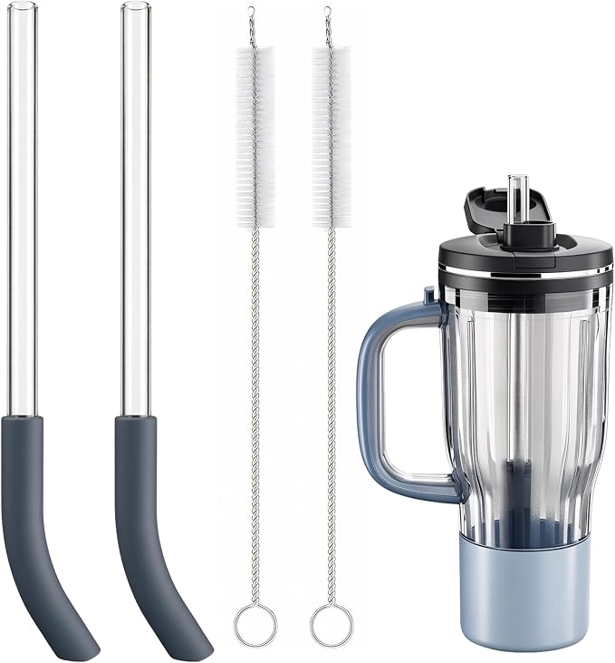 Replacement Straw for Ninja BlendBOSS Personal Smoothie Blender Tumbler, 2 Pack Reusable Glass Straws With Cleaning Brush Compatible With Ninja BlendBOSS Travel Tumbler