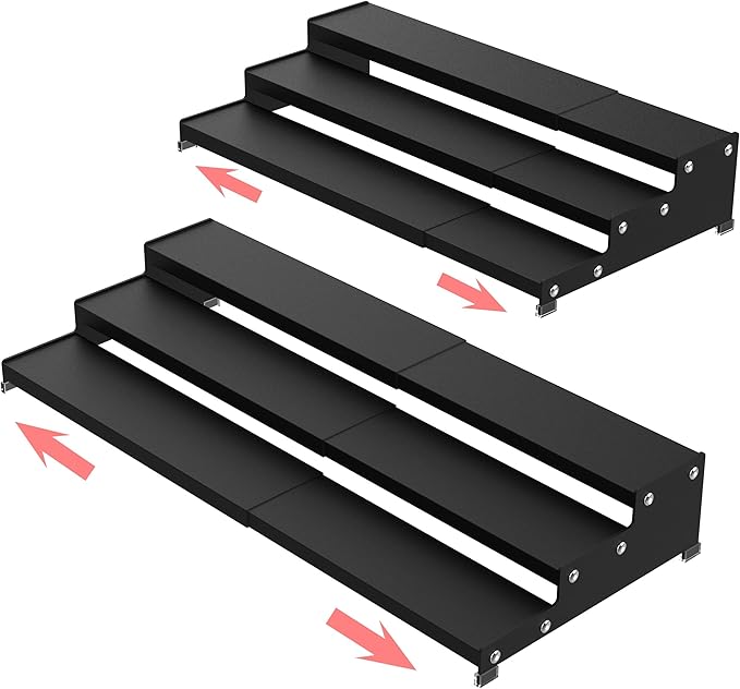 Jojocross Spice Rack Organizer 3 Tier Expandable Display Shelf(12.8"-24.01" W) Non-Skid Heavy Duty Sturdy Metal Iron Alloy Steel Step Racks 2 Packs/Black