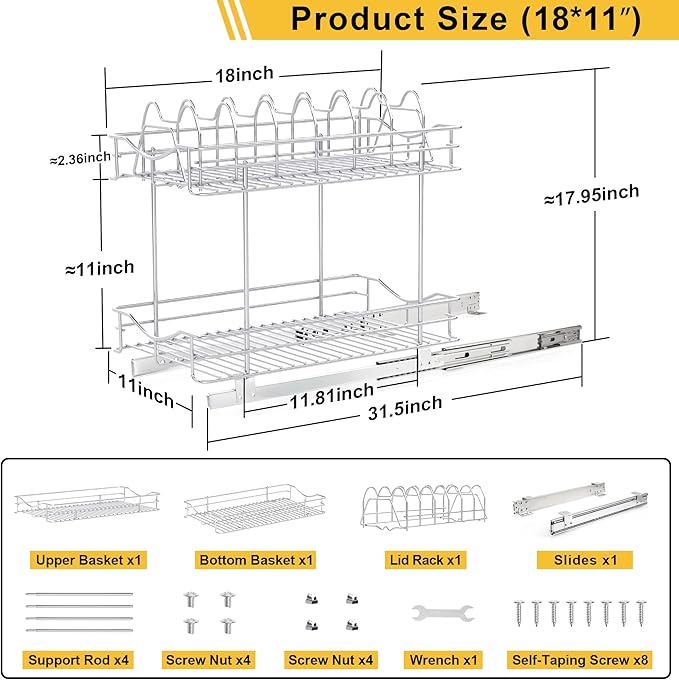 FULGENTE Pull Out Cabinet Pots and Pans Organizer 11" W x 18" D 2 Tier Wire Basket for Lid Cookware Drawer Slide Out Kitchen Cupboard Organization Shelves Shelf for Pantry Roll Out Storage, Chrome