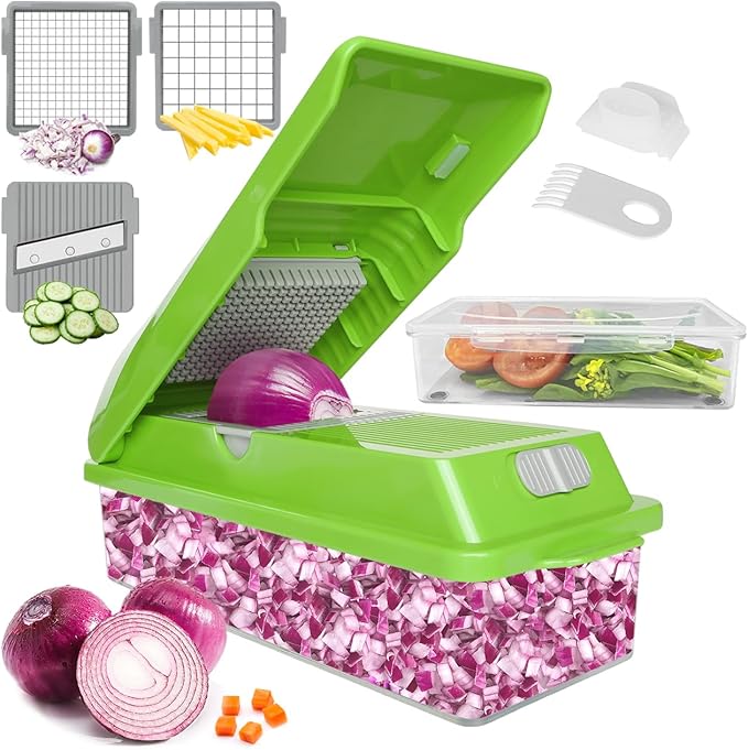 LHS Professional Multifunctional Vegetable Chopper Pro Food Chopper with Food Storage Containers, Mandoline Slicer Onion Dicer Fruit Cutter, Kitchen Gadgets and Home Essentials(5 in 1, Green)