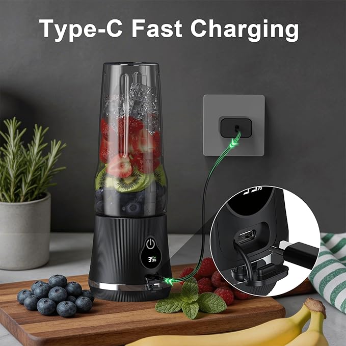 Portable Blender for Smoothies & Shakes, 17oz Personal Blender with 6 Stainless Steel Blades, USB-C Rechargeable, LED Display, Compact Travel Juicer with Extra Lid for Gym, Office & On-the-Go, Black